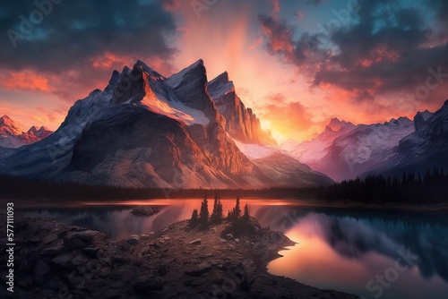 Beautiful mountains sunset. Wildlife, Alps, sky. Mountain river.