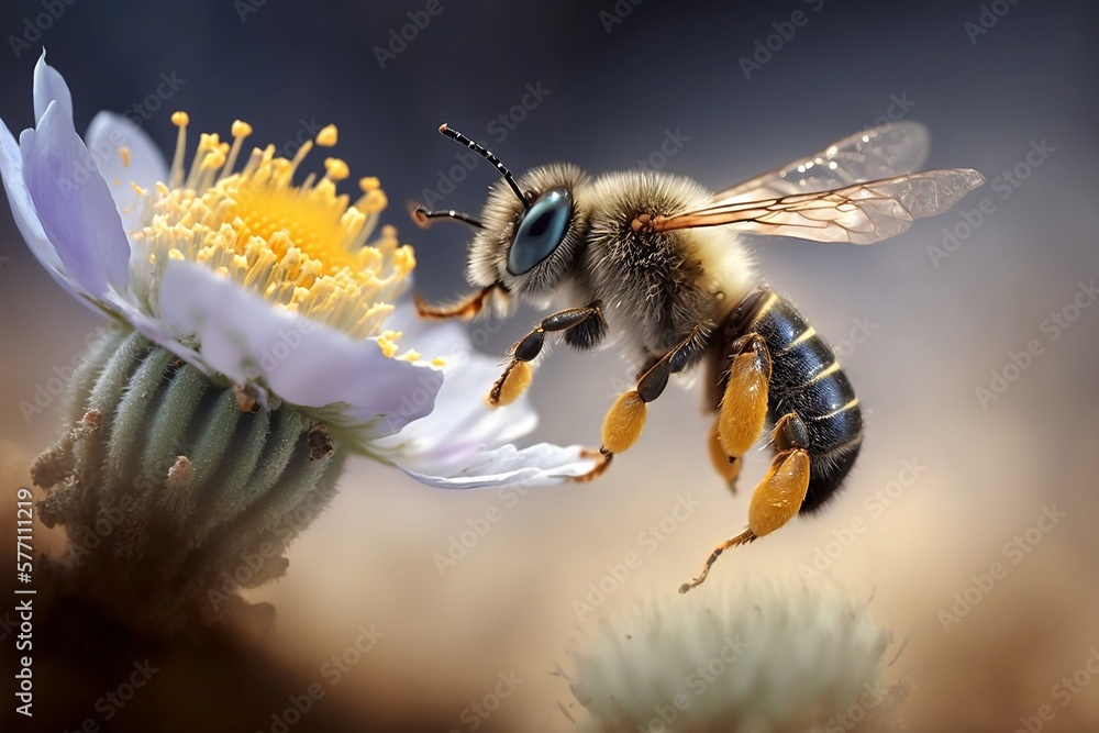 abeille en train de récolter du pollen - macro - generative ai - obrazy, fototapety, plakaty 