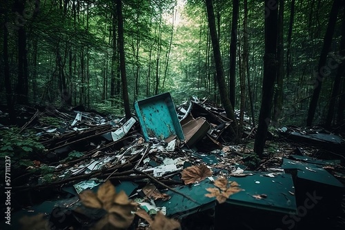 un dépôt sauvage d'ordures en pleine forêt - generative ai photo