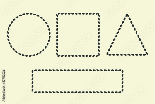 Frame outline set. Hand drawn decorative doodle black ink brush stroke borders, scribbled dash line, circle, square, rectangle, triangle geometric shapes