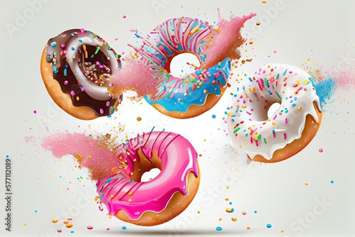 Heavenly Donut Delight: Isolated Set of Donuts with Sprinkles Flying Over White Background: Generative AI