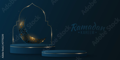 Islamic podium for Ramadan Kareem. Glowing moon of traditional arabic ornament. 3d pedestal with golden arc. Minimal muslim scene. Eid Mubarak. Vector illustration