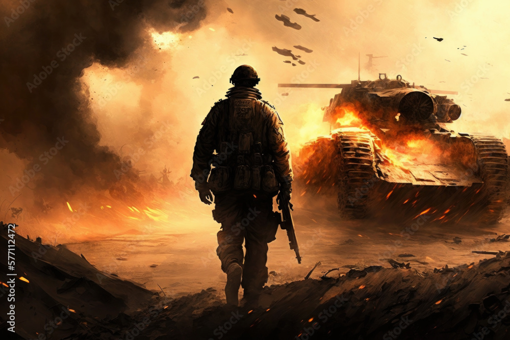 Soldier is standing in front of burning tank. Generative AI.