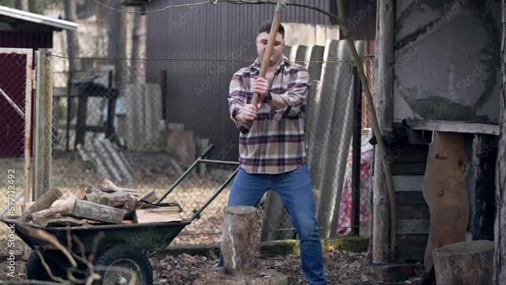 The guy is trying to cut a log with a cleaver The guy is trying to cut a log with a cleaver