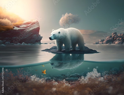 Billede på lærred Polar Bear on Ice Island with Glacier Background during Spring Season, Generativ