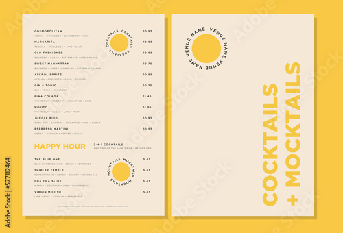 Minimal Cocktail menu, modern design, cocktail bar, drinks list, bauhaus look, bold & contemporary. 