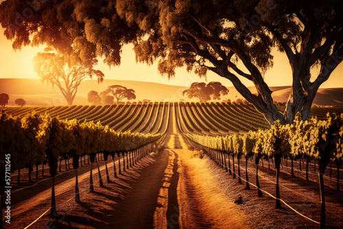 An image of vineyard at sunset. Generative AI. photo