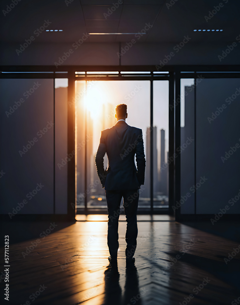 young businessman in suit standing at sunrise sunset empty office background, new quality creative financial business stock image illustration design, Generative AI young businessman in suit standing at sunrise sunset empty office background, new quality creative financial business stock image illustration design, Generative AI