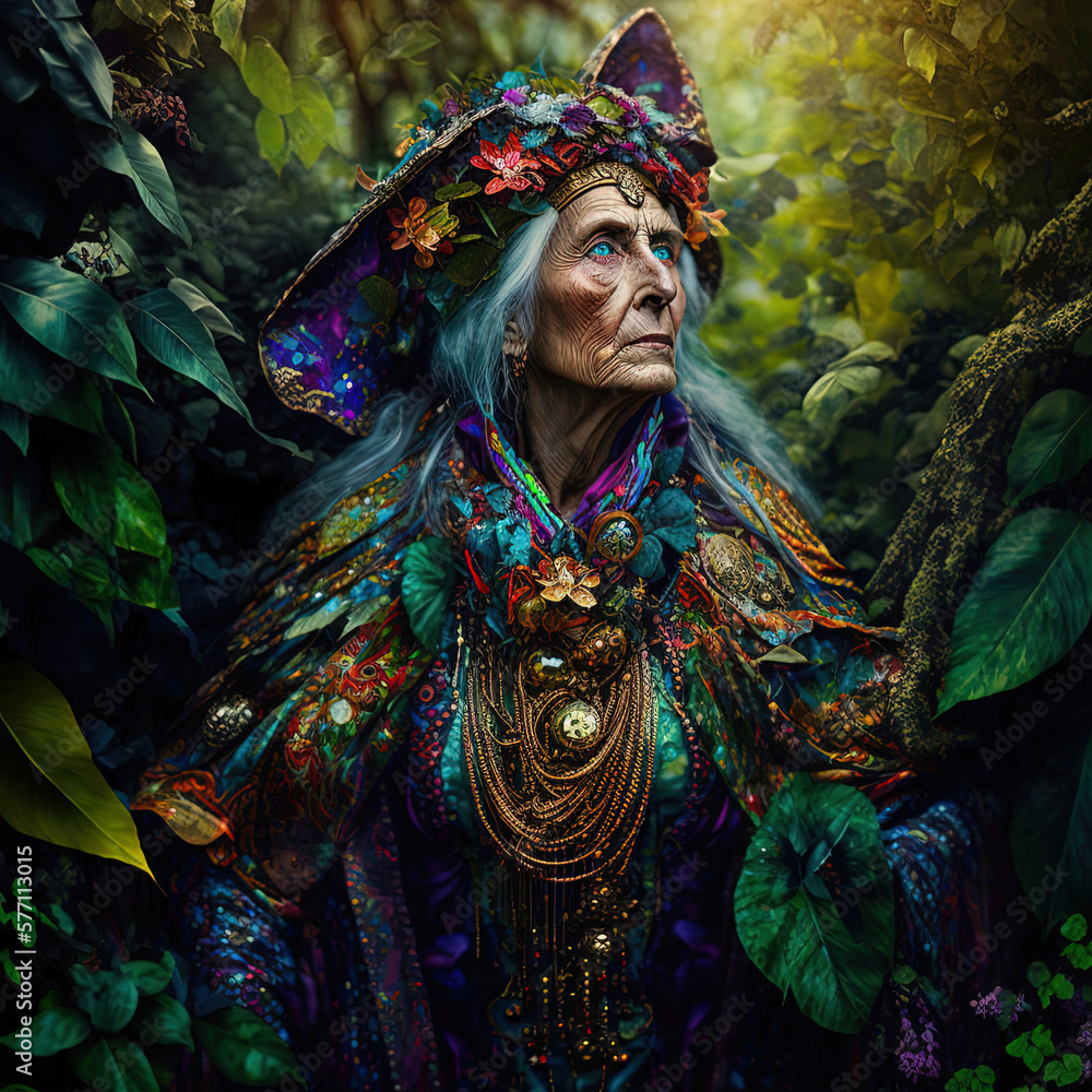 Nature witches, middle-aged, elder woman connected to nature, beautiful robes and clothes, flowers crown, setting in nature. Generative AI.