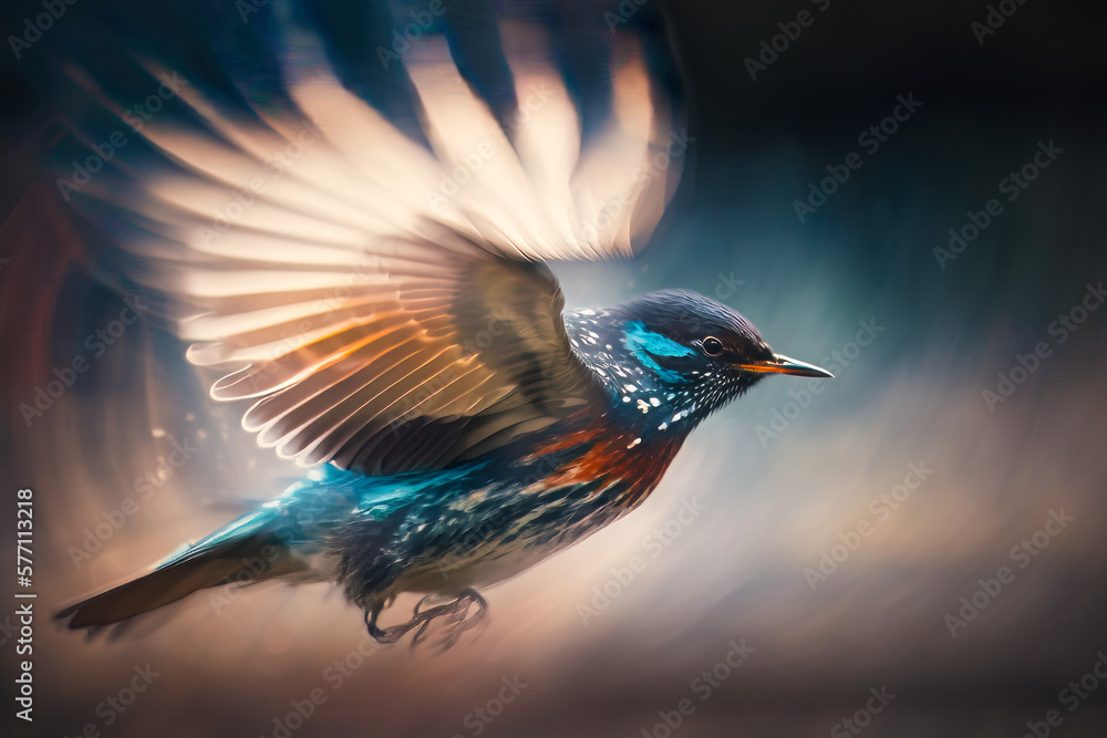 Bird flying through the air with its wings spread. Generative AI.