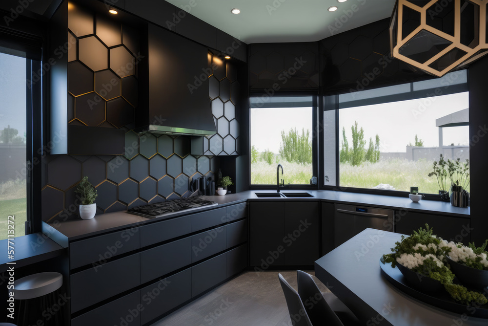 Modern kitchen with black cabinets and hexagonal tiles. Generative AI.