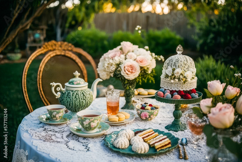 Table set with tea cups, cakes and pastries. Generative AI.