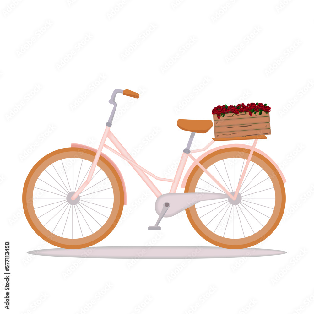 Vector illustration of a pink bicycle with a flower basket. The illustration is perfect for greeting cards, spring designs and more.
