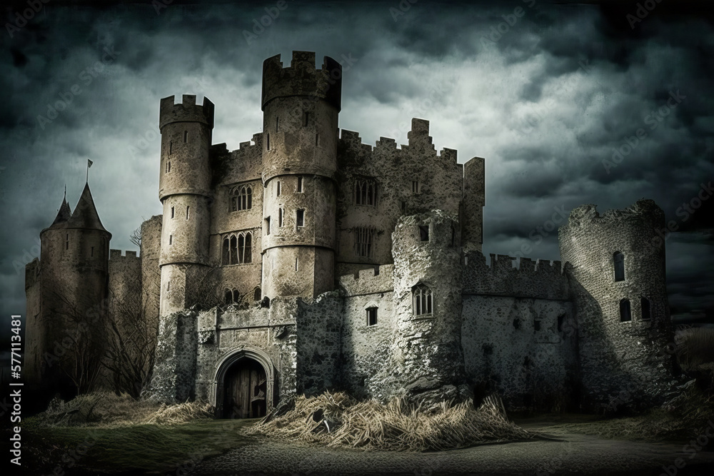 An old castle in the middle of dark stormy sky. Generative AI.