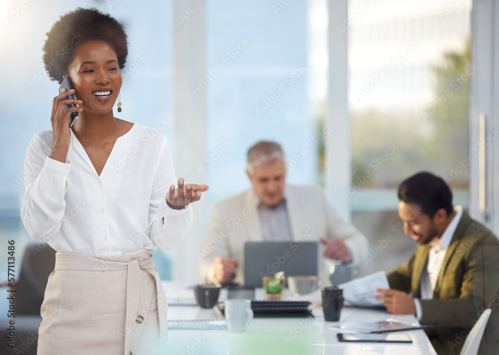 Business, black woman and phone call in meeting for schedule conversation or corporate discussion at office. Happy African American female leader talking on smartphone and explaining company strategy Business, black woman and phone call in meeting for schedule conversation or corporate discussion at office. Happy African American female leader talking on smartphone and explaining company strategy