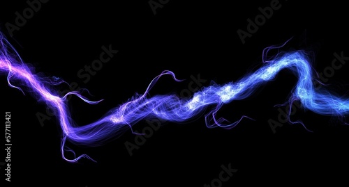 Blue lightning, power energy charge, black abstract background. Blitz effect. Night storm flash, thunderstorm. Thunder shock isolated on dark. Digital art dynamic illustration.