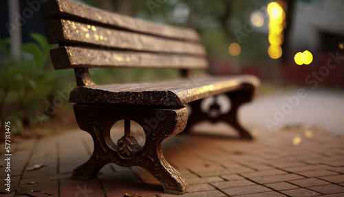 Wallpaper Mural wooden park benches in the park, aesthetic empty wood bench. empty seat summer day park. nobody on a wooden bench. bench park green and yellow grass background. empty park seat bokeh Torontodigital.ca