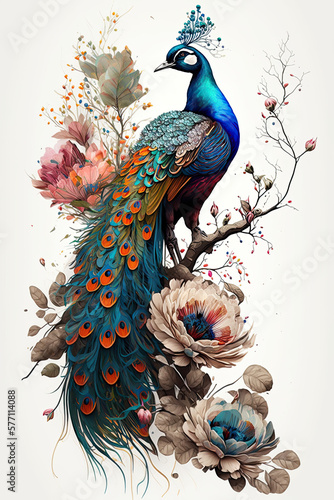 watercolor peacock on a branch with flowers, white background, generative AI  finalized in Photoshop by me 