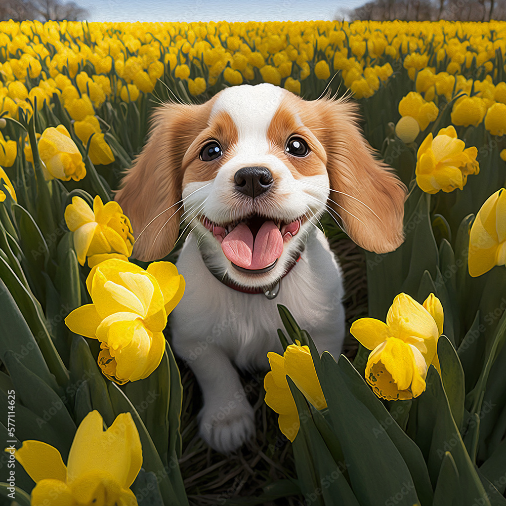 illustrazione di simpatico cucciolo di cane in mezzo ai narcisi, campo di fiori, creata con intelligenza artificiale - obrazy, fototapety, plakaty 