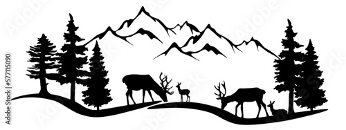 Black silhouette of deer mountains and forest fir trees camping landscape panorama illustration icon vector for logo, isolated on white background