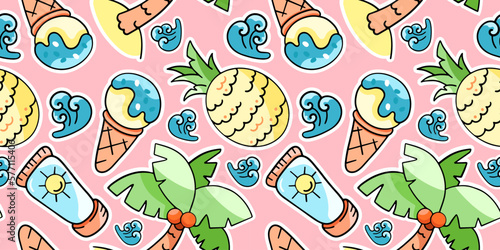 Summer pattern, vacation, vector seamless pattern in the style of doodles, hand draw