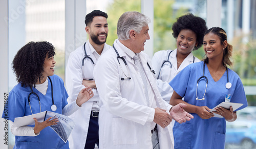 Doctors, nurses or laughing in hospital diversity, teamwork or collaboration for team building, bonding or people support. Smile, happy or healthcare workers in funny joke, comic meme or group comedy
