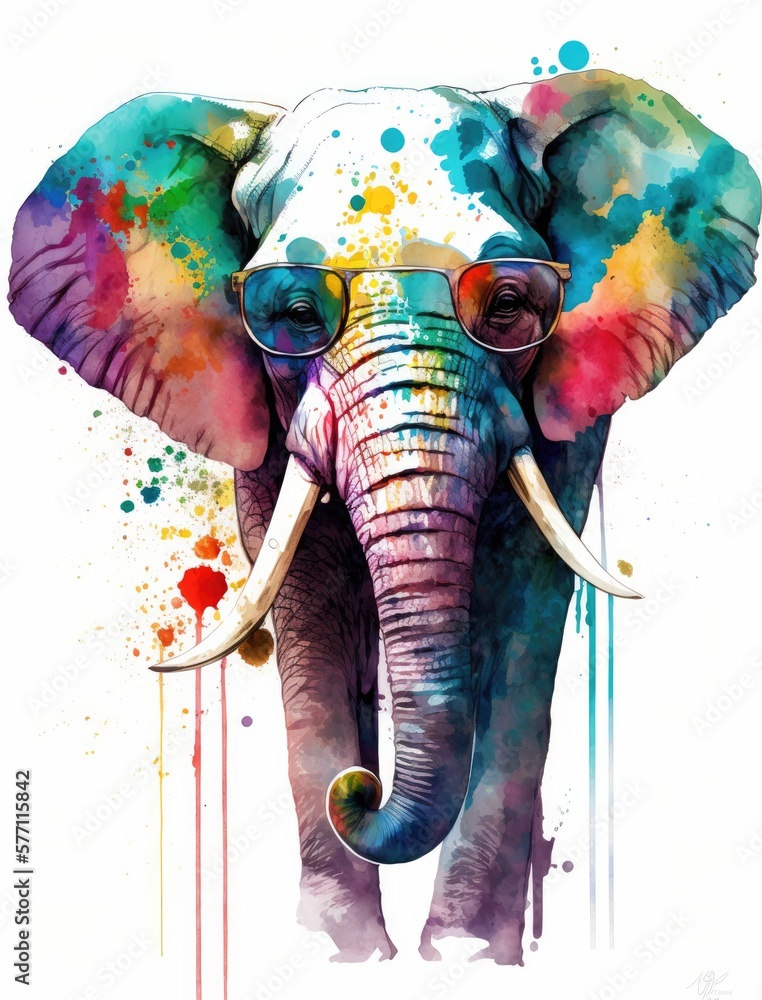 Obraz premium watercolor elephant wearing sunglasses, generative AI finalized in Photoshop by me 