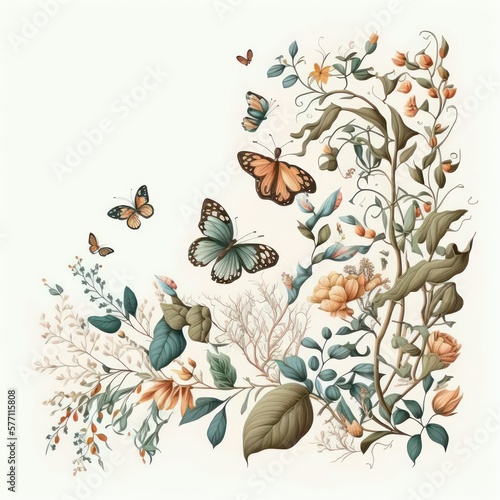Beautiful vines flower with butterflies in vintage art style. Beautiful butterfly. Generative AI. © SaraY Studio 