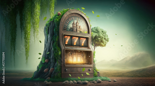 Slot machine with a lever and a bonus on a wheel on a natural fantasy background. Winning in the gambling game with twisting the wheels. AI Generative Content photo
