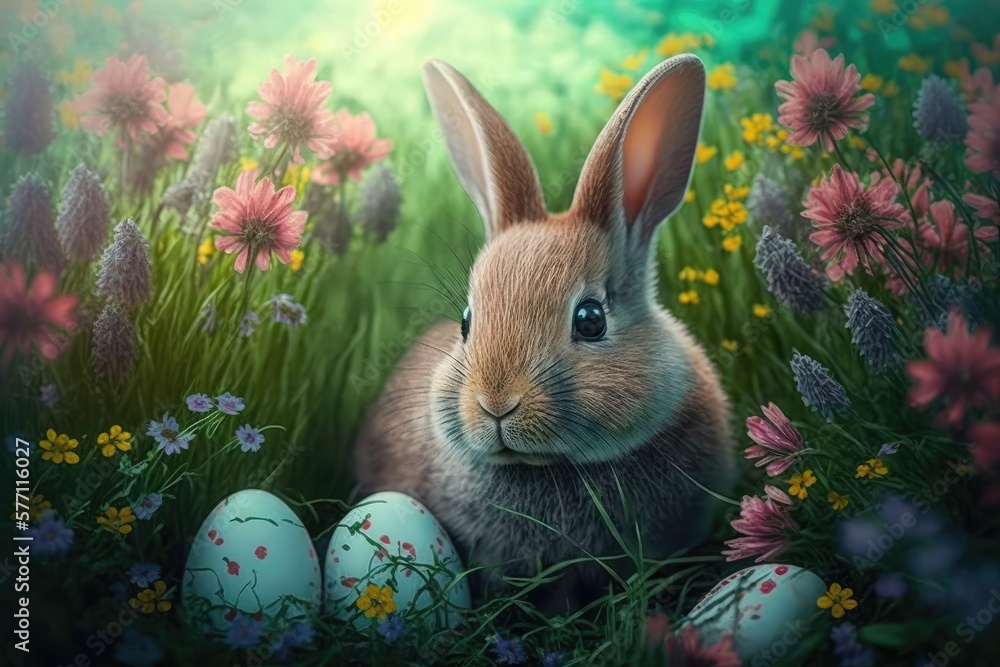 Ein süßer Osterhase mit Ostereiern und Blumen. Generative AI Ein süßer Osterhase mit Ostereiern und Blumen. Generative AI