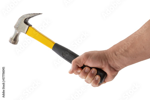 Hand with hammer against a white background
