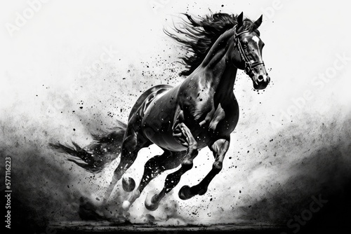 At equestrian events, the shod hooves of a galloping bay horse strike the sand of an outdoor arena. Out on the open road, galloping forward. Competing on horses. Generative AI