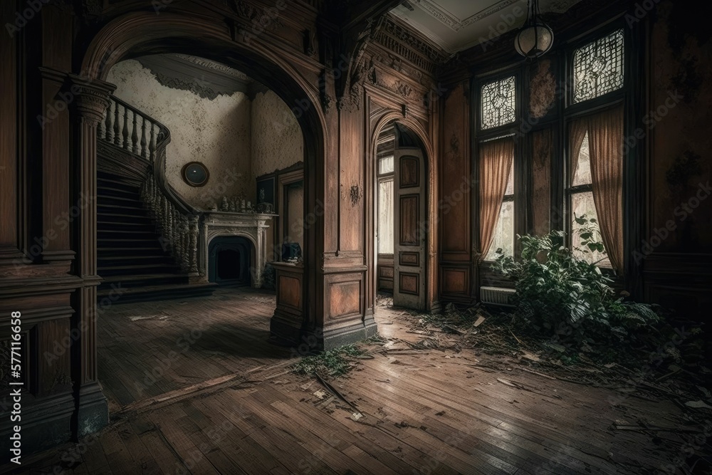 The interior of a classic house with 2 half chairs. Lots of dirt and garbage on the floor, rotten and old walls, and many chandeliers. The space is entirely wooden, with rotten curtains generative ai