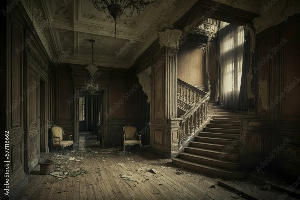 Fototapeta premium The interior of a classic house with 2 half chairs. Lots of dirt and garbage on the floor, rotten and old walls, and many chandeliers. The space is entirely wooden, with rotten curtains generative ai