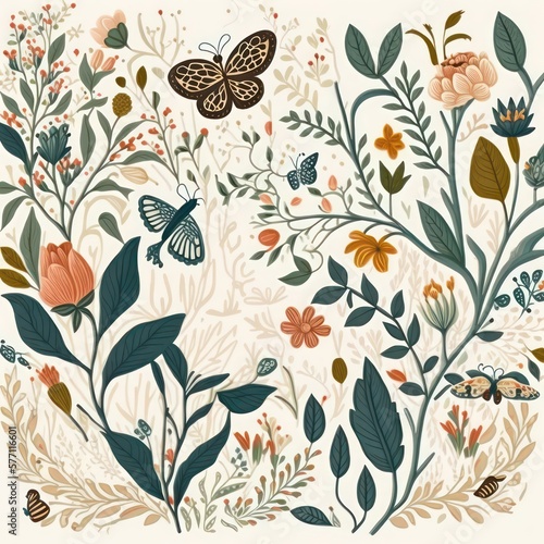 Beautiful vines flower with butterflies in vintage art style. Generative AI.