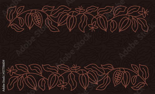 Chocolate candy box horizontal background. Beans and branches leaves. Vector editable outline stroke.