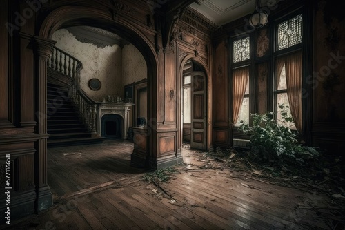 The interior of a classic house with 2 half chairs. Lots of dirt and garbage on the floor, rotten and old walls, and many chandeliers. The space is entirely wooden, with rotten curtains generative ai © legendexpert