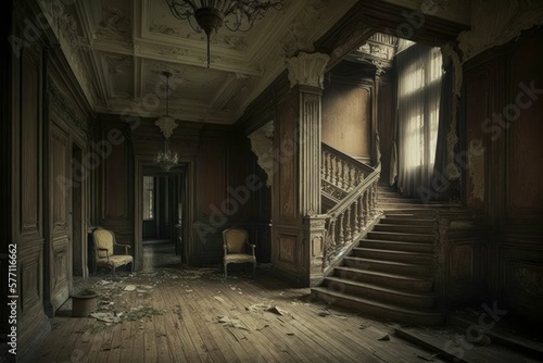The interior of a classic house with 2 half chairs. Lots of dirt and garbage on the floor  rotten and old walls  and many chandeliers. The space is entirely wooden  with rotten curtains generative ai