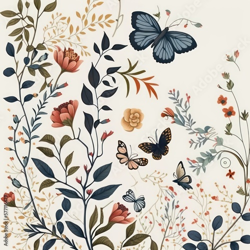 Beautiful vines flower with butterflies in vintage art style. Generative AI.