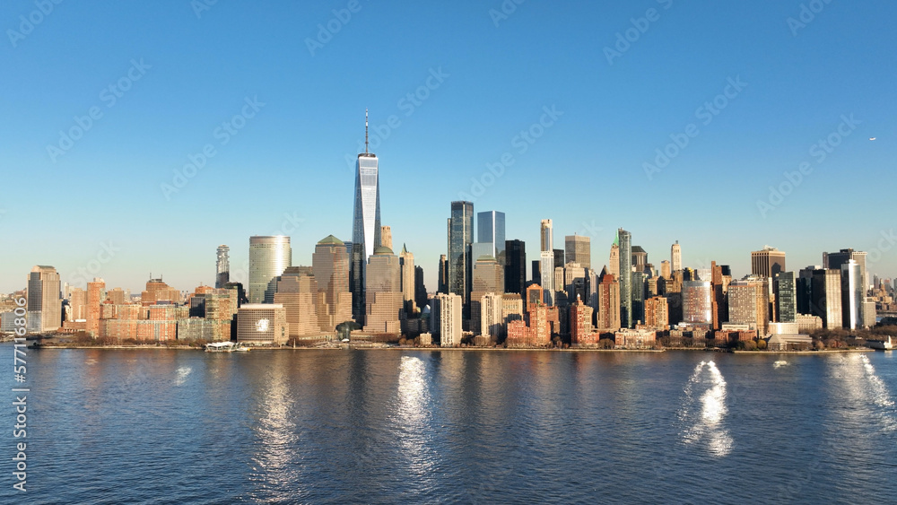 Fototapeta premium Aerial view over the skyline of Manhattan New York City - drone photography