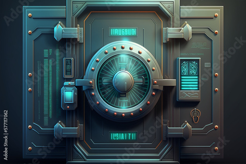 High security vault door background. Security tresure bunker concept art. Digital illustration of futuristic vault door.