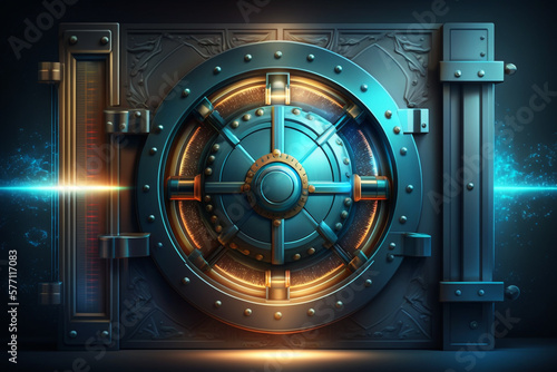 High security vault door background. Security tresure bunker concept art. Digital illustration of futuristic vault door.