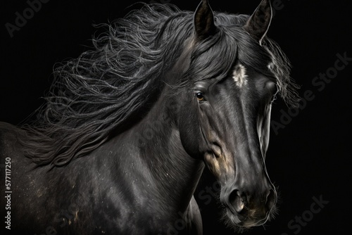 Portrait of a stunning black horse against a black backdrop. Generative AI © AkuAku