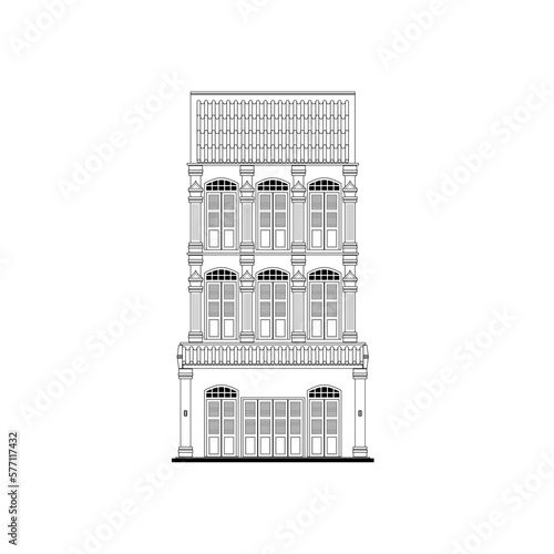 architecture house style sino portuguese old town. architecture building font view, house outline drawing on white background, vector. architecture for house design, home, element, object, poster.   photo