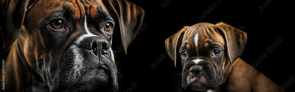 Portrait of a dog, Boxer puppy and mother dog. Image on a black background created with generative a