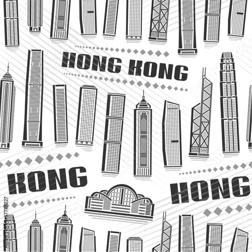 Vector Hong Kong Seamless Pattern, repeating background with illustration of famous asian city scape on white background for wrapping paper, monochrome line art urban poster with black text hong kong