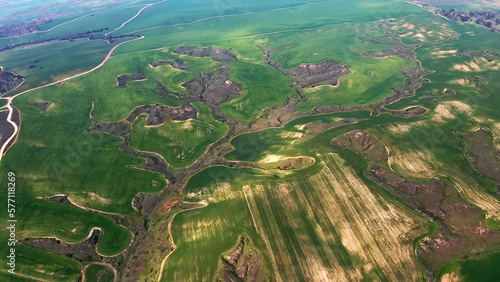 Bitronot Ruhama reserve, Israel, spring blossom at the Negev Desert, 4k aerial drone view photo