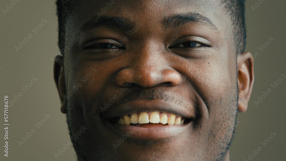 Obraz premium Happy male portrait african american man with dark skin businessman office worker client young successful entrepreneur positive joyful ethnic guy student positive facial emotion smiling healthy smile