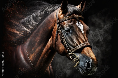 Image of a horse with a bridle, superimposed on a dark background. Generative AI © AkuAku