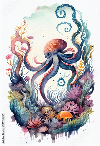 watercolor illustration octopus in the ocean, generative AI finalized in Photoshop by me 